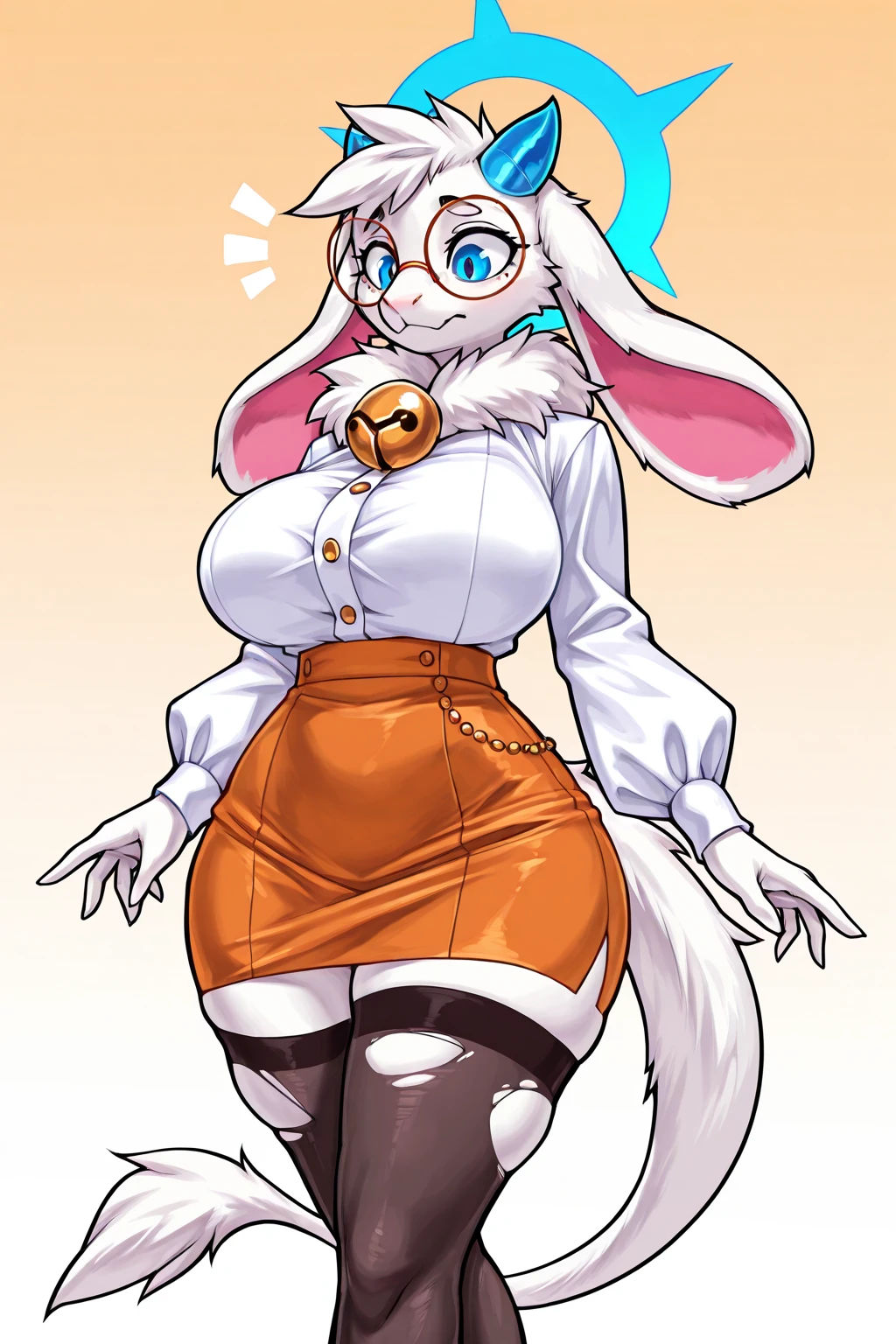 masterpiece, high quality, best quality, hi res, digital media \(artwork\), <lora:Angela-Illus:1>, goat, caprine, floppy ears, big breasts, blue eyes, white fur, white body, bell collar, neck tuft, round glasses, blue horn, tall, thick thighs, wide hips, bells, long tail, orange skirt, pencil skirt, thigh highs, halo, torn stockings, by replica (artist)