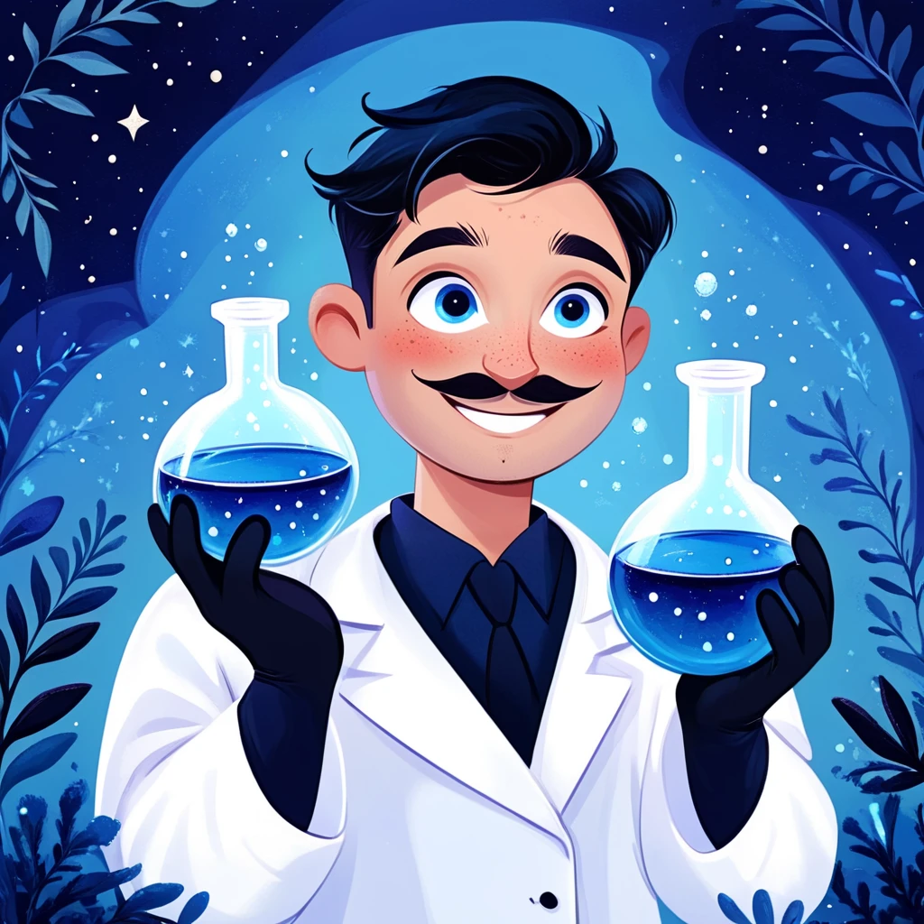 <lora:Flat_Cartoon_IllustrationSDXL:1> ArsMJStyle, Flat Cartoon Illustration, The image shows a man in a lab coat holding a beaker filled with blue liquid surrounded by plants and stars in a blue background., solo, 1boy, male focus, black hair, gloves, mustache, short hair, facial hair, long sleeves, smile