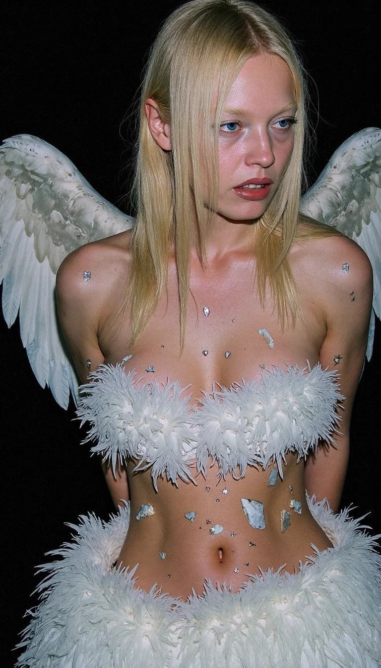 hyperrealism, (photorealistic:1.2), (photorealistic light:1.3), masterpiece, best quality, perfect detail, professional photo, realistic photo, raw photo, realistic style, detailed face, beautiful young blonde, ash-colored hair, thin, large breasts , completely naked, (angel), soaring in the clouds, sunny, bright sunlight.