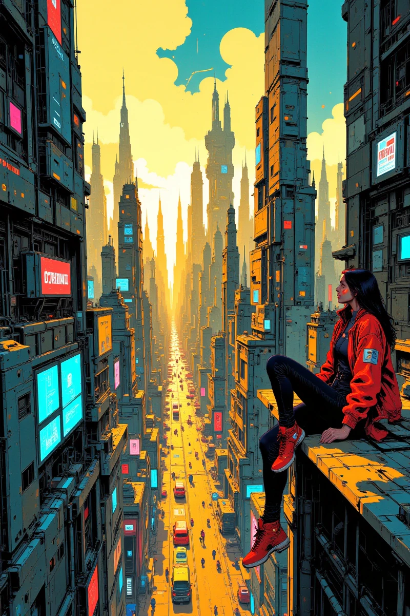 illustration_era,Comic_Art,Sci-fi_fantasy_illustration,abstract_arts,SciFi_mecha,This is a vibrant,digital illustration in a comic book style by artist Simon Stalenhag. The scene depicts a futuristic cityscape at sunset,featuring towering skyscrapers with neon billboards and a central spire. A lone woman with dark hair,wearing a red jacket and black pants,sits on a rooftop ledge,gazing out. The sky is a gradient of blue to yellow,with a warm,golden light illuminating the scene. The city is bustling with small figures below. The image is SFW.,