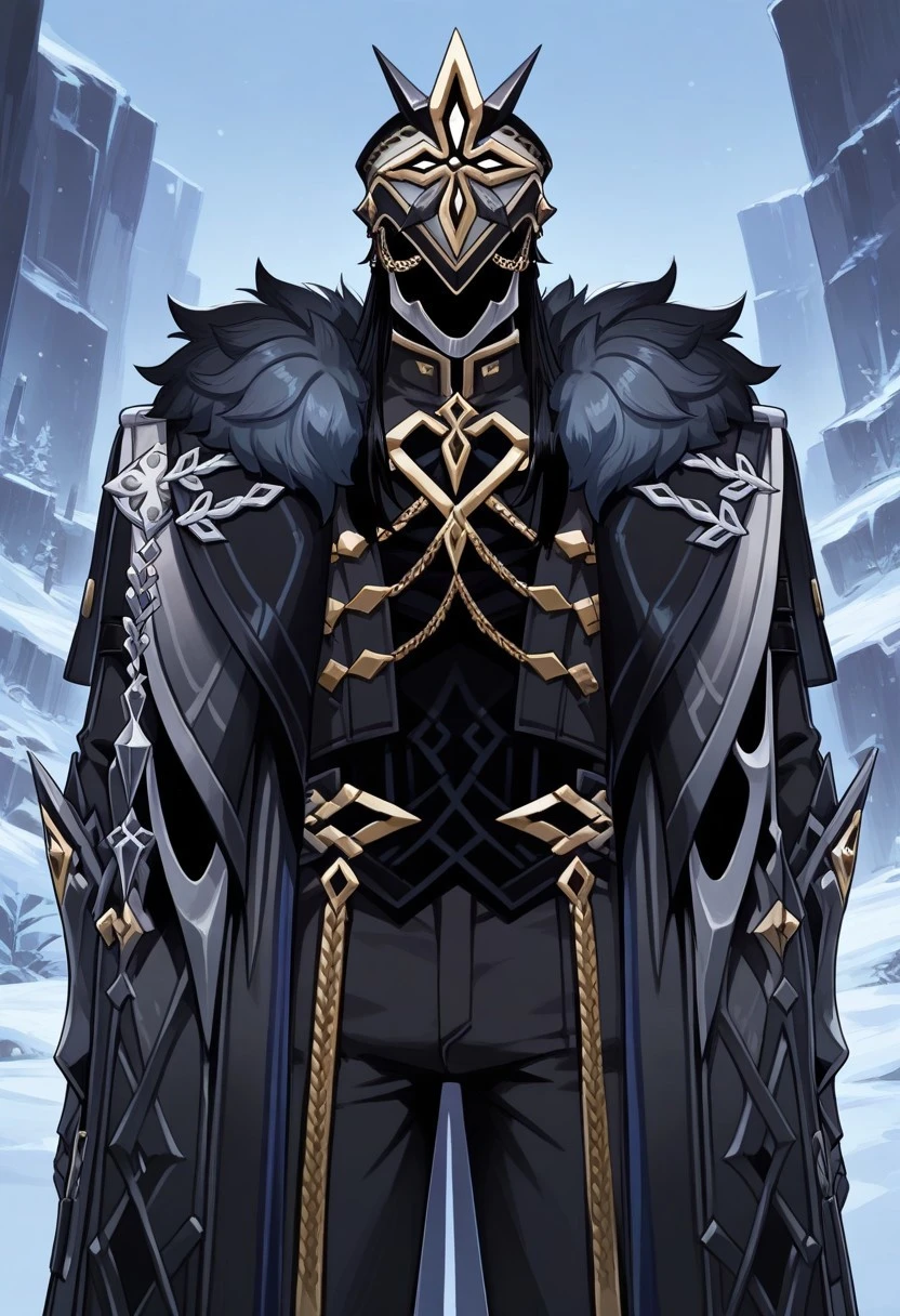 masterpiece, best quality,
ilcapitano, 1boy, male focus, solo, black hair, long hair, mask, faceless, faceless male, mask, hat, black headwear, jacket, black jacket, high collar, gold trim, long sleeves, gloves, black gloves, gauntlets, coat, fur trim, fur-trimmed coat, black coat, open coat, open clothes, chain, pants, black pants,
outdoor,