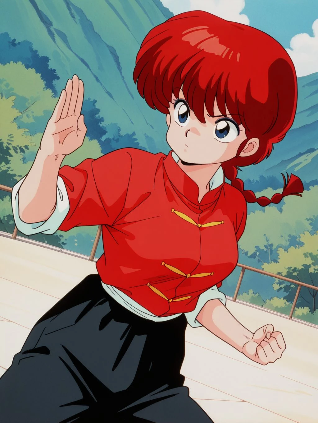 masterpiece, best quality, newest, absurdres, highres, detailed eyes, beautiful, detailed background, perfect eyes, anime coloring, retro artstyle, 1990s \(style\), 1girl, solo, ranma-chan, red hair, long hair, single braid, blue eyes, medium breasts, chinese clothes, tangzhuan, red shirt, (sleeves rolled up:1.3), black pants, dutch angle, cowboy shot, (outdoors, fighting stance), <lora:r4nm4_c_rnm-08:0.8>