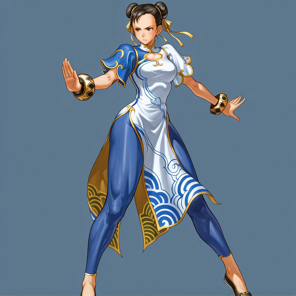<lora:NeoGeo_Battle_Coliseum:1>, Neogeo, 1girl, solo, full body,>, masterpiece, best_quality, absurdres, perfect quality, high quality ,BREAK
cowboy_shot,closeup .dynamic pose,BREAK,
<lora:Chun-li_SF6_illustrious_Leaf1:0.4> Chun-li_SF6, 1girl, solo, black hair, double bun, brown eyes, || china dress, blue pantyhose, || bracelet || black footwear,