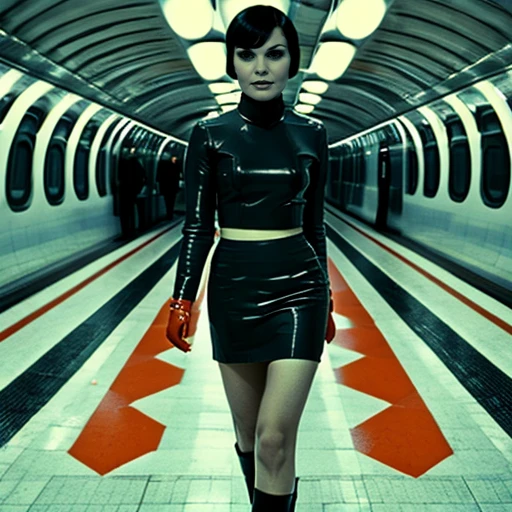 <lora:Abstract_Retro_Future_MovieSD1:1> ArsMovieStill, Movie still from an abstract retro future movie, The image shows a woman standing in a subway station. She is wearing a long black dress with a high neckline and long sleeves. The dress has a high slit on the side and a high waistline. She has short black hair styled in a bob with bangs. The woman is wearing black gloves and is looking directly at the camera with a serious expression. The subway station has a long narrow corridor with red and white circles on the floor. The walls are painted white and there are several train tracks running along the length of the corridor. The ceiling is high and has multiple circular lights hanging from it. The overall mood of the image is futuristic and futuristic., 1girl, solo, black hair, short hair, gloves, midriff, skirt, makeup, crop top, walking
