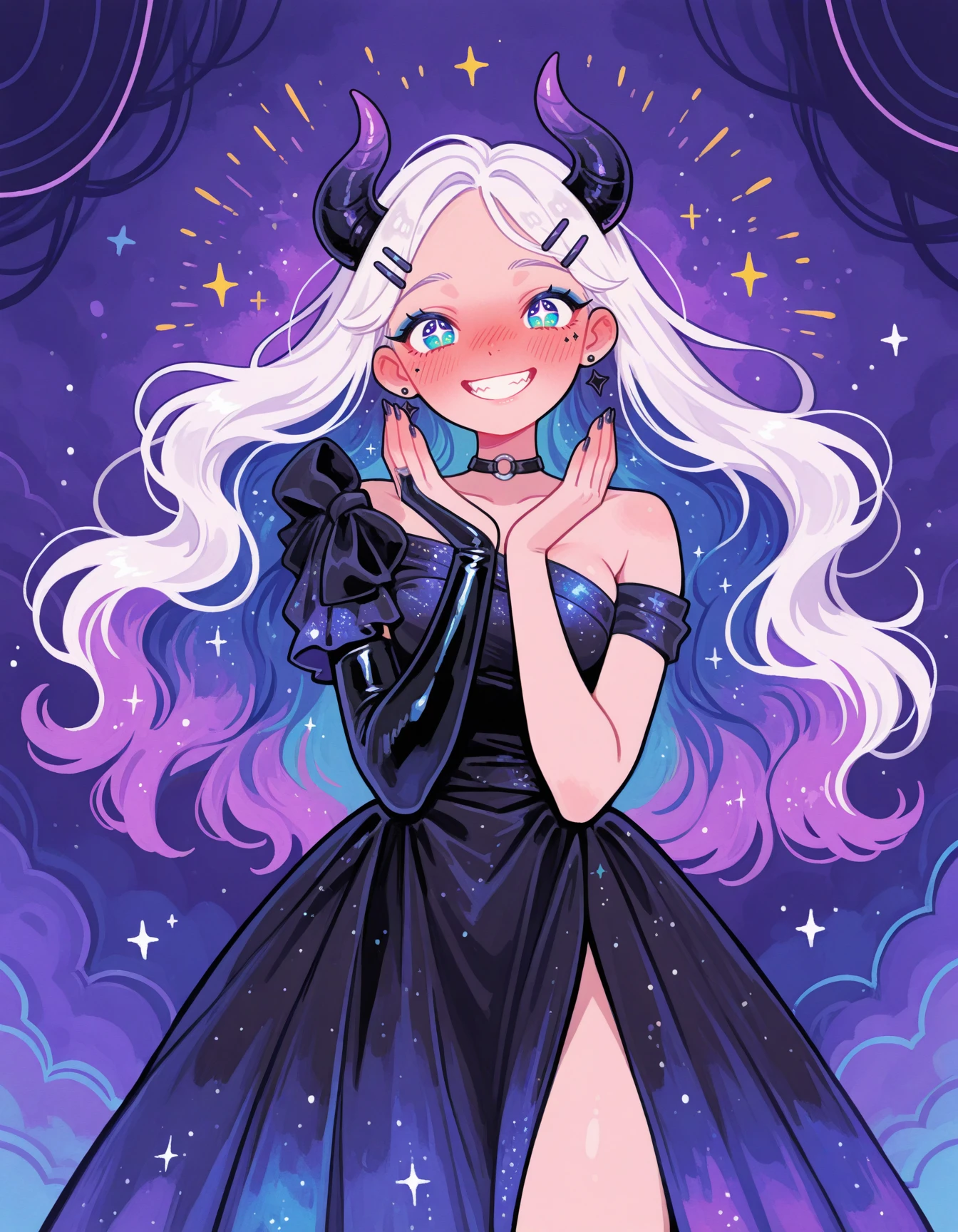 1girl, demon girl, white long hair, wild long hair, hair clip, wearing midnight black glitter dress, starry eyes, nebula print latex, asymmetrical sleeves, poofy sleeve, <lora:Outfit_AsymRedGown-ILXL:0.9>, standing, slit dress, shoulder, huge smile, dramatic eyeliner, abstract background, nose blush, off-shoulder dress,  close-up,  open eyes, teeth smile, demon horns, strapless, <lora:Style_ecstatic-Wonderkind-ILXL:1> CW-Illu clapping masterpiece, best quality, very aesthetic, newest