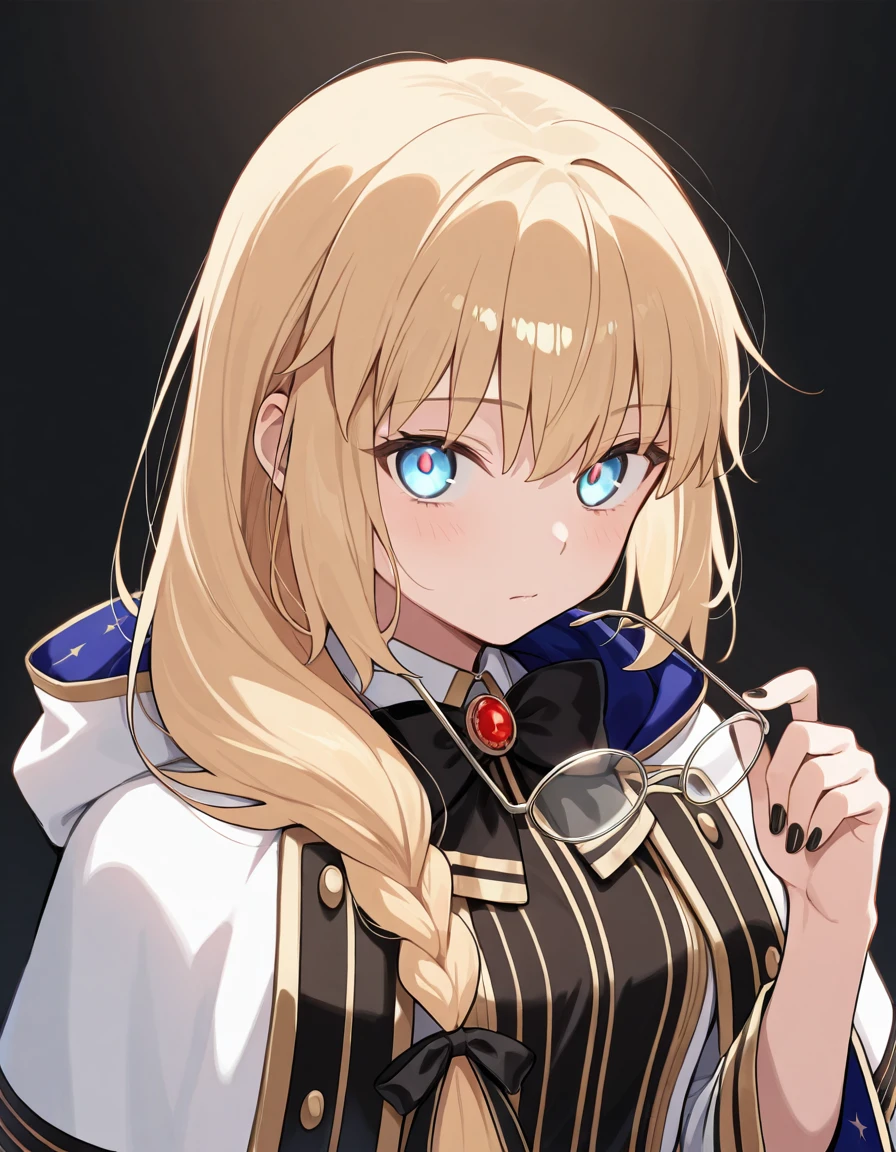 (masterpiece), (best quality), (ultra-detailed), illustration, ((disheveled hair, very good hair))), detailed eyes, perfect composition, moist skin, intricate details, very good lighting BREAK, WitchAesc, blue eyes, blonde hair, single braid,very long braid, braid over shoulder BREAK, RW robe, RW dress, RW bowtie, ,RW_glasses BREAK, black background, looking at viewer, simple background, glowing eyes,closed mouth,holding eyewear,eyewear removed,hand up,nail polish