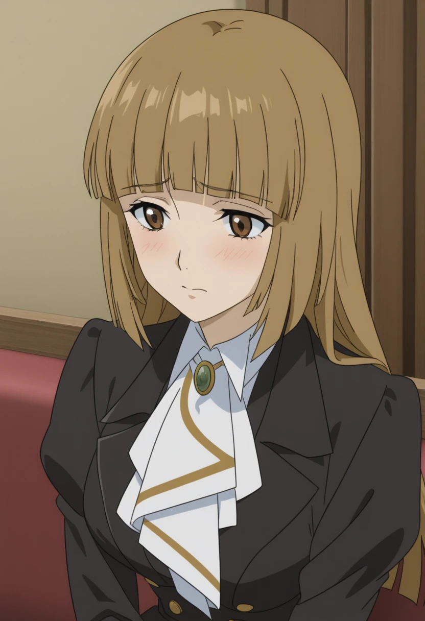 ushiromiyarosa, 1girl, solo, brown hair, brown eyes, hime cut, anime coloring, long hair, cowboy shot, shy, indoors, sitting