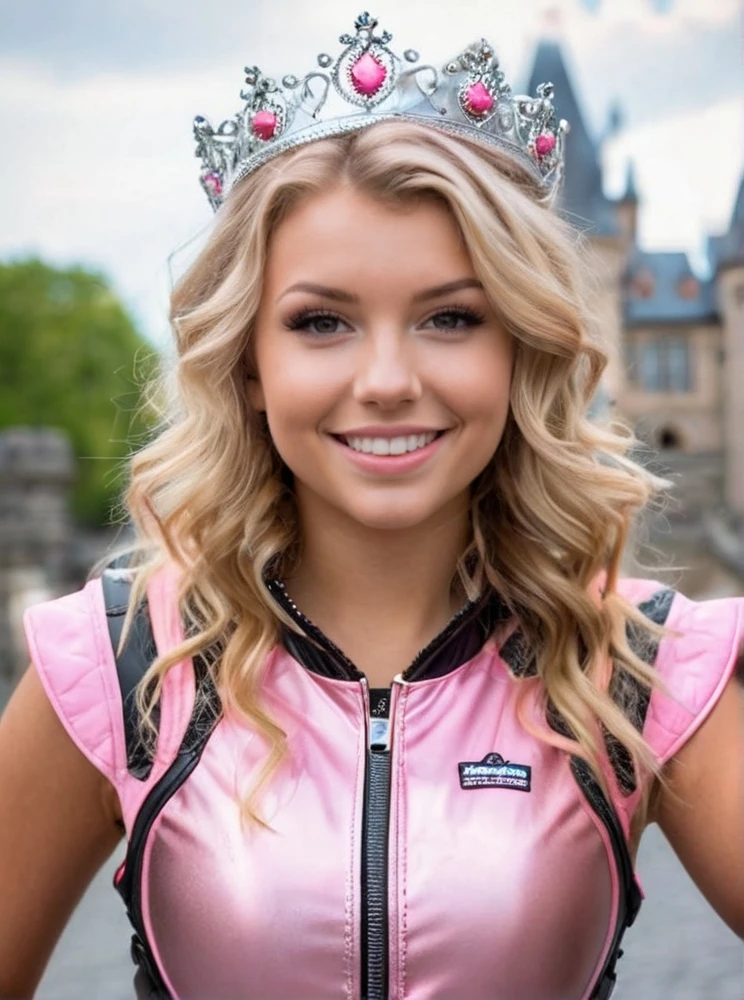 Photo of Fran Tazia, girl dressed in ornate pink biking leathers, tiara, outside a castle, inane smile,(detailed beautiful face, detailed, ultra-detailed body:1.1),best quality,photo-realistic,highly detailed,absurdres,cinematic lighting,hyper-realistic,sharp focus,32k resolution,detailxl,SimplePositiveXLv2,