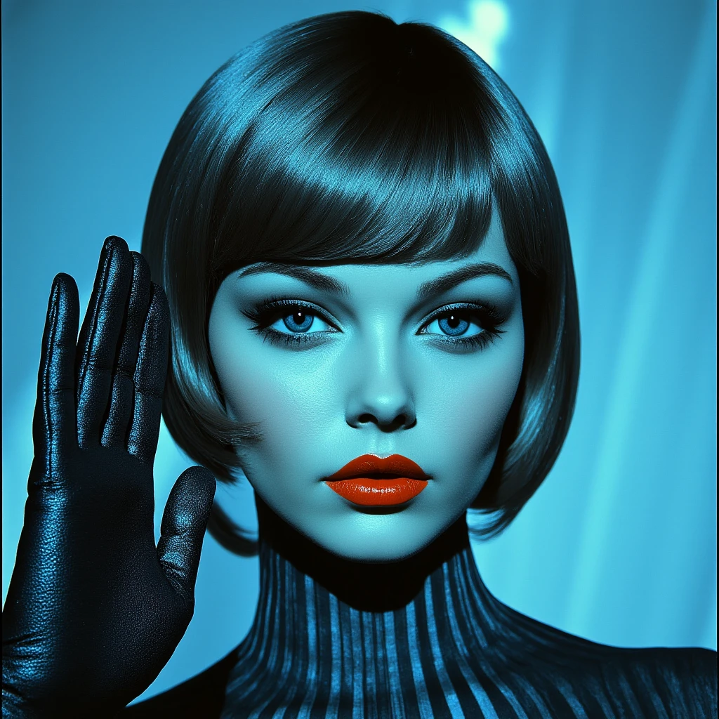 ArsMovieStill, Movie still from an abstract retro future movie, The image is a close-up portrait of a young woman's face. She has a futuristic and edgy look with a blue and black color scheme. Her hair is styled in a short bob with bangs that fall over her shoulders. She is wearing a black and white striped top with a high collar and a pair of black gloves on her left hand. Her eyes are a piercing blue and her lips are painted a bright orange color. The background is a gradient of blue and white creating a striking contrast with the woman's outfit. The overall mood of the image is mysterious and futuristic., 1girl, solo, salute, bob cut, bangs, short hair, looking at viewer, blunt bangs, makeup, gloves