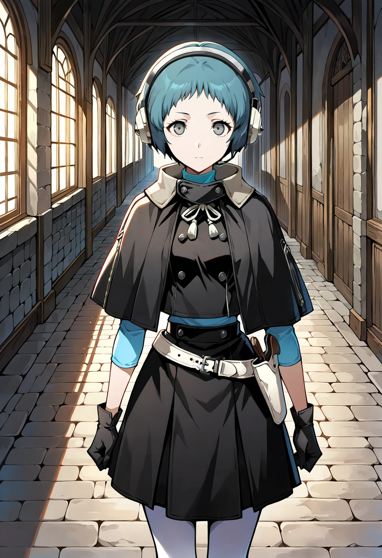 (masterwork, masterpiece, best quality, hyper-detailed :1.2),
1 girl, solo, cute face,
p3fuuka, yamagishi fuuka, short hair, aqua hair, gray eyes,
p3fuuka-sees, headphones, headset, aqua turtleneck, black capelet, black skirt, white pantyhose, gloves, white belt, white holster, buttons
indoors, hallway, stone walls, stone floors, medieval, looking at viewer, determined, serious,