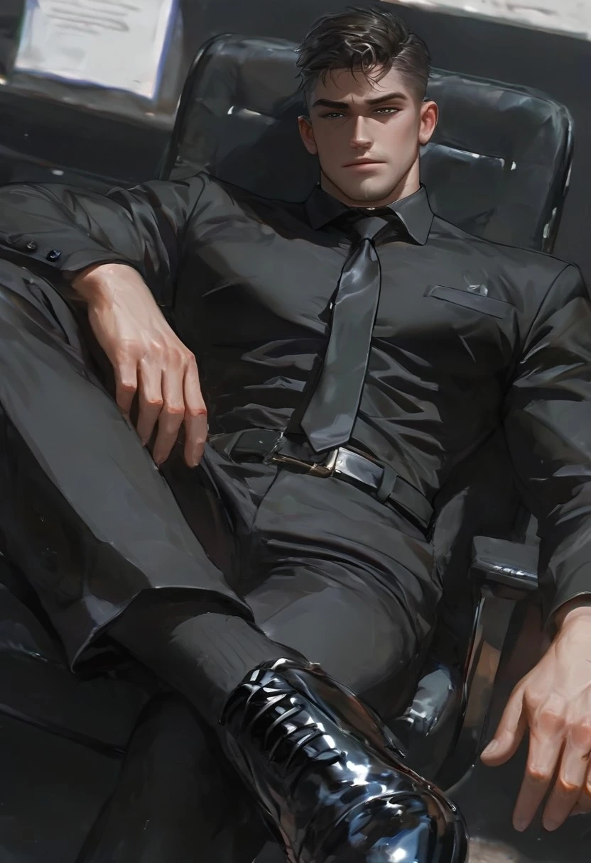 hu99y, score_9, score_8_up, score_7_up, 1boy, solo, full body, crossed_legs, short comb over brown hair, black suit, black dress shirt, black necktie, black pants, gloss black dress shoes, black belt, one hand on leg, office background, boss chair, lower angle