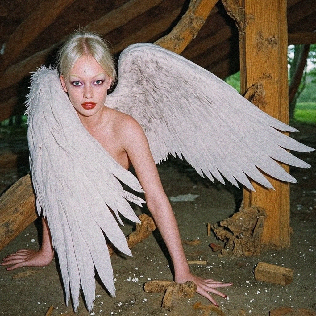 ((detailed)) A girl with pearly white skin, strong and muscular, with big angel wings and pointy black demon horns, she has yellow eyes and short spikey white hair, shes sitting naked in a forest, small , dramatic lighting, fantasy, fictional, yellow cat eyes, muscular, strong, manly, pixie cut