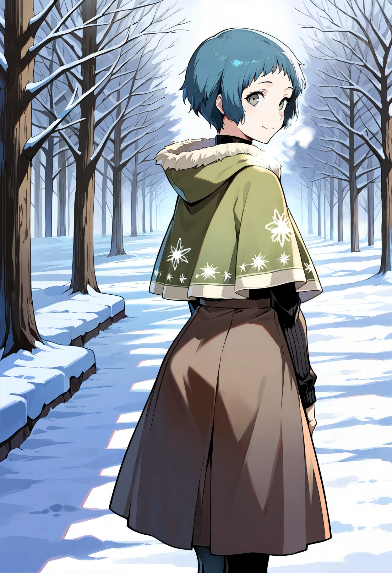 (masterwork, masterpiece, best quality, hyper-detailed :1.2),
1 girl, solo, cute face,
p3fuuka, yamagishi fuuka, short hair, aqua hair, gray eyes,
p3fuuka-wincas, capelet, green capelet, sweater, turtleneck, long sleeves pantyhose, black pantyhose, skirt, long skirt,
outdoors, cityscape, trees, cold, winter, foggy breath, looking at viewer, smile, from behind, looking back, from side,