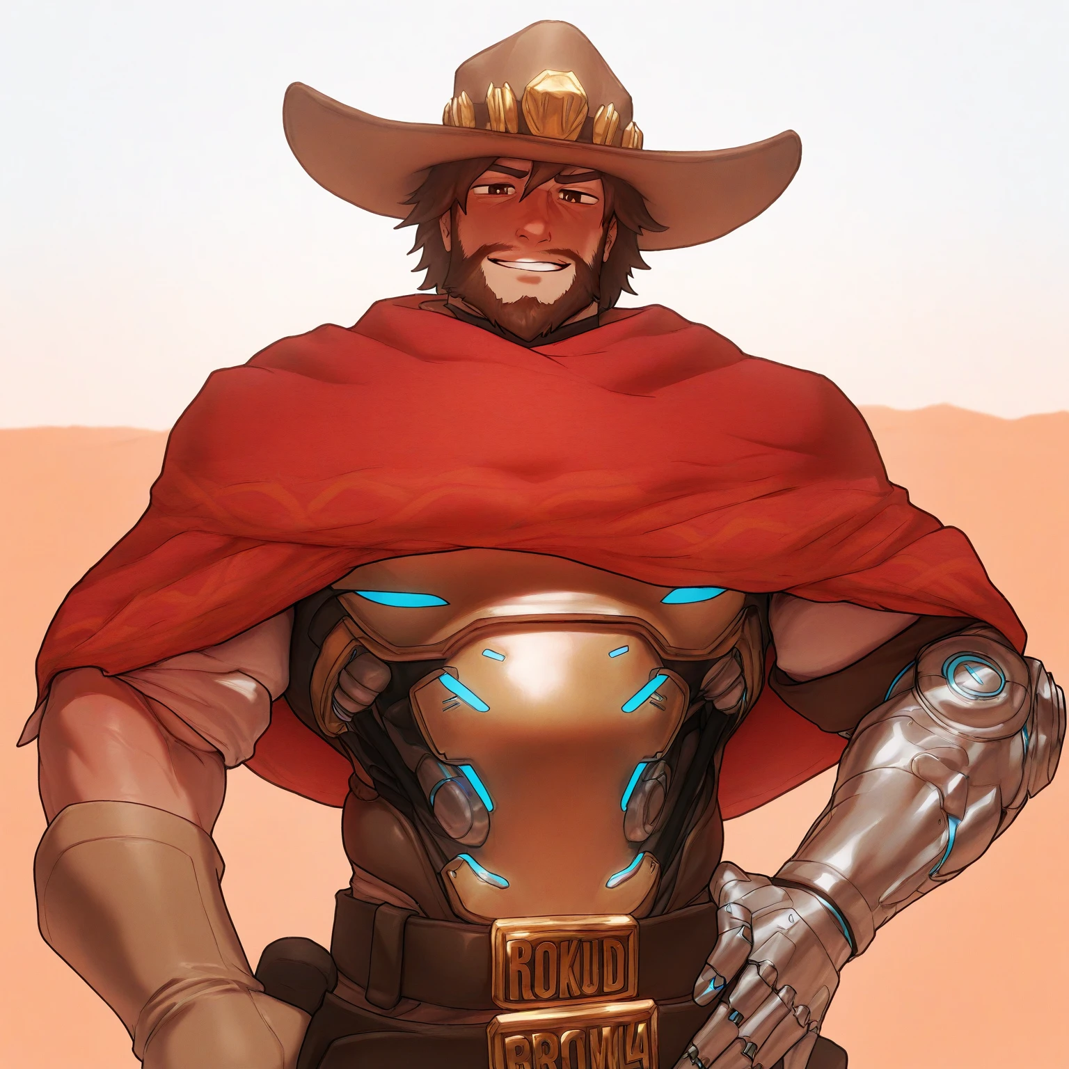 mccree, western setting, cowboy hat, red poncho, muscular, hunk, mechanical body, cybernetic right arm, cape, setting sun in background, smile,  confident pose, cigar in mouth,  best quality, shirtless, body muscles, chest muscle, big chest, big stomach, very fat