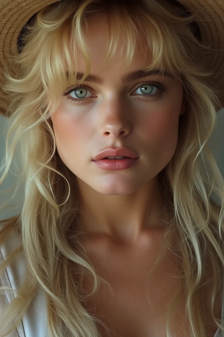portrait inspired by Peter Lindbergh's photographic style of erikaeflx, a blonde woman looking directly at the camera.