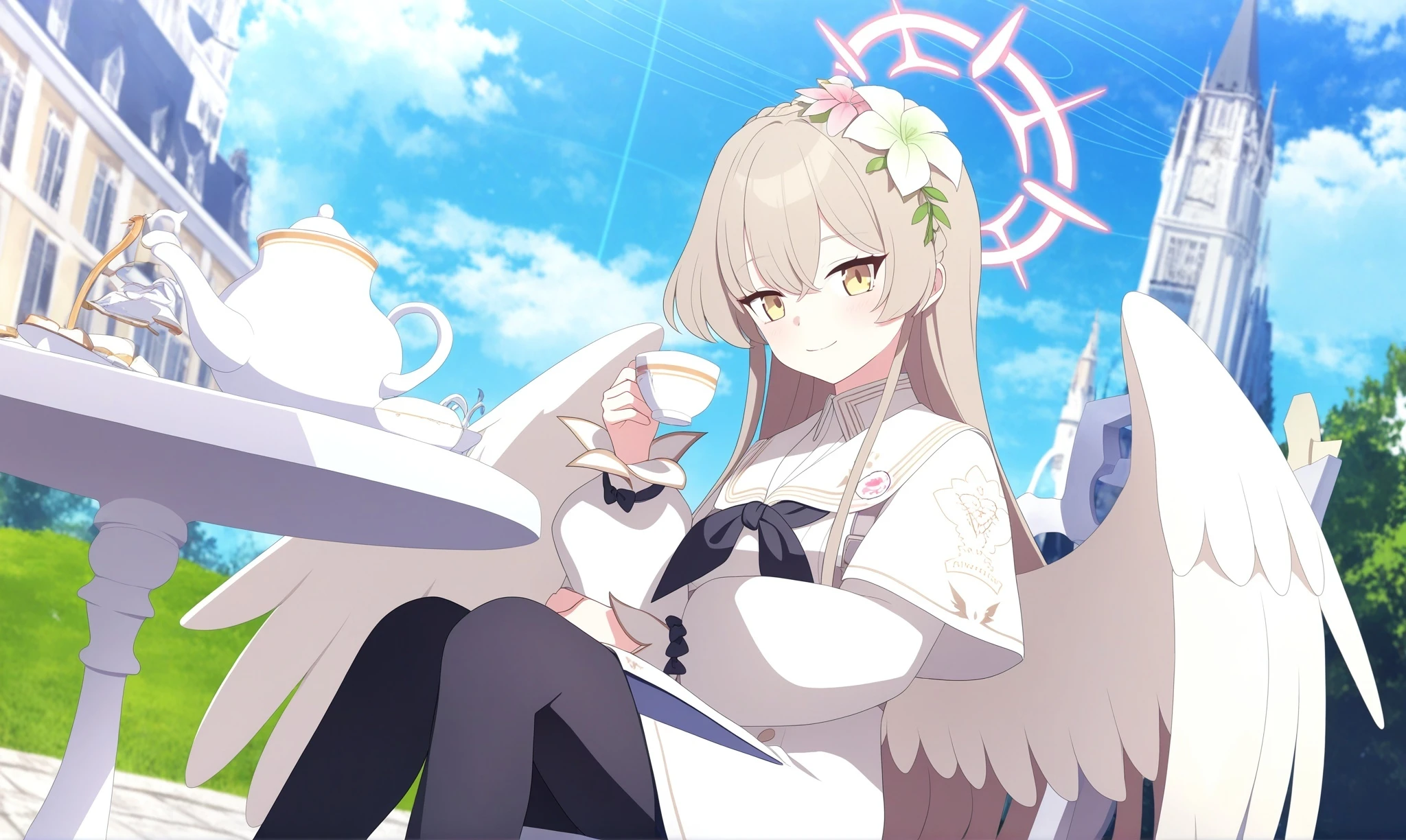 1girl, nagisa \(blue archive\), solo, white capelet, long sleeves, black neckerchief, white table, chair, sitting, teapot, teacup, looking at viewer, day, outdoors, blue sky, pantyhose, smile, upper body, braid, black pantyhose, halo, pink halo, sailor collar, white sailor collar, closed mouth, holding, crown braid, brown hair, yellow eyes, white wings, capelet, neckerchief, holding cup, table, sky, wings, angel wings, cup, feathered wings, european architecture, official art, blue archive, game cg, non-web source, newest