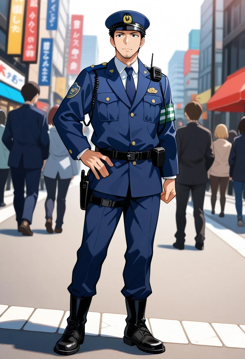score_9, score_8_up, score_7_up, score_6_up, perfect anatomy, perfect proportions, best quality, masterpiece, high_resolution, high quality, aesthetic, absurdres, male focus, solo male, adult, mature, masculine, manly, handsome, charming, alluring, standing, (solo focus, full body, dutch angle, cowboy shot,) BREAK (asian male, japanese male:1.3), black eyes, black hair, short hair, facial hair, stubble, BREAK Japanese Winter Police Uniform, Japanese Police Uniform, Winter Police Uniform, male Police Uniform, HannekenJpPcWt02, white collared shirt, dark blue necktie, dark blue Katsudofuku jacket, Katsudofuku\(activity jacket\), rank insignia, Japanese police emblㄝem, dark blue pants, Walkie-Talkie, hip holster, black boots, Ryakubo cap, Ryakubo\(fatigue cap\), outdoors, japanese modern city, Intersection, traffic, crowd, pedestrian, blurred background