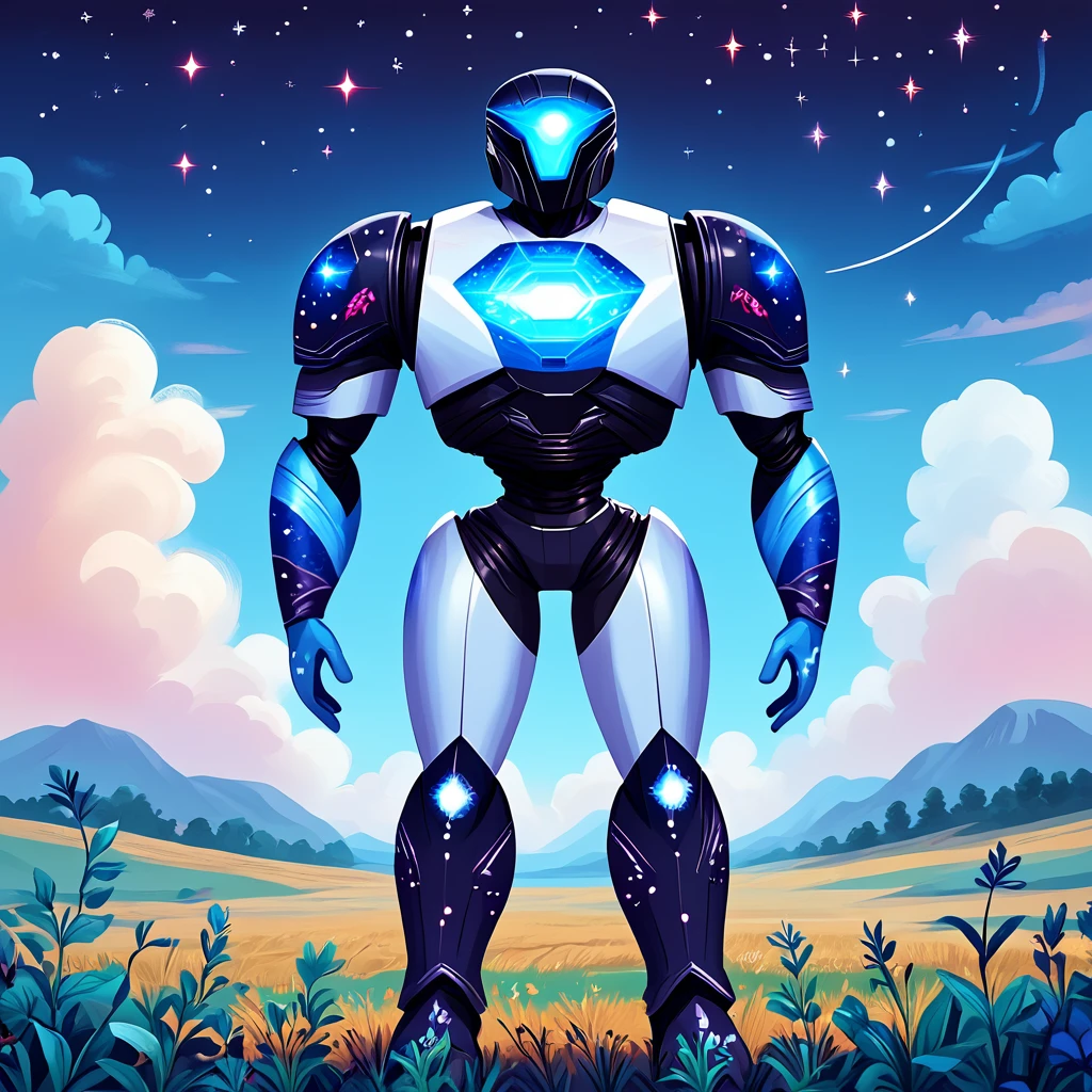 Score_9, score_8_up, score_7_up, score_6_up, BREAK <lora:Flat_Cartoon_IllustrationPony:1> ArsMJStyle, Flat Cartoon Illustration, The image shows a man in a blue suit standing in the middle of a field surrounded by plants and clouds in the sky., solo, sky, cloud, samus aran, star (sky), full body, standing, power armor, helmet, starry sky print