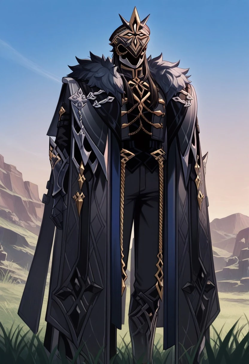 masterpiece, best quality,
ilcapitano, 1boy, male focus, solo, black hair, long hair, mask, faceless, faceless male, mask, hat, black headwear, jacket, black jacket, high collar, gold trim, long sleeves, gloves, black gloves, gauntlets, coat, fur trim, fur-trimmed coat, black coat, open coat, open clothes, chain, pants, black pants,
outdoor, grass, sky, brown mountains