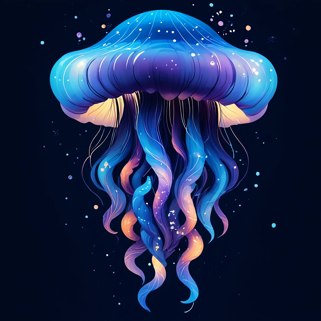 Score_9, score_8_up, score_7_up, score_6_up, BREAK <lora:Flat_Cartoon_IllustrationPony:1> ArsMJStyle, Flat Cartoon Illustration, The image shows a blue jellyfish floating in the ocean with stars in the background creating a beautiful and serene atmosphere., no humans, blue background, tentacles, jellyfish, simple background, black background, artist name, full body