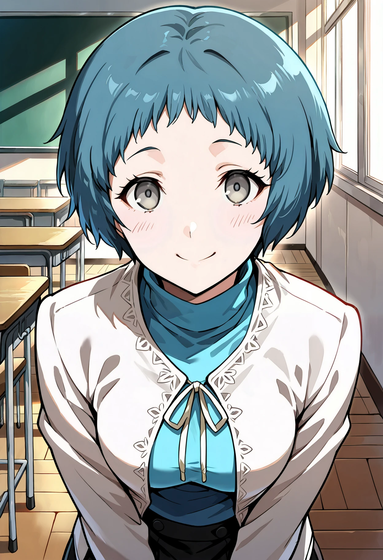 (masterwork, masterpiece, best quality, hyper-detailed :1.2),
1 girl, solo, cute face,
p3fuuka, yamagishi fuuka, short hair, aqua hair, gray eyes,
p3fuuka-sumuni, turtleneck, aqua turtleneck, cardigan, white cardigan, open cardigan, skirt, gekkoukan high school uniform
classroom, standing, looking at viewer, smile, side view, excited, happy,
