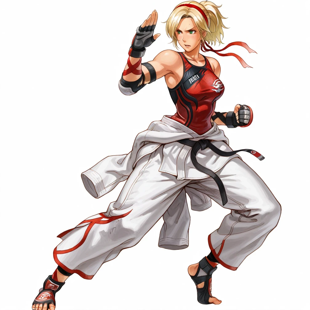 (((close-up view))),white background,
<lora:NeoGeo_Battle_Coliseum:1>, Neogeo,traditional media, BREAK
1girl, solo, masterpiece, best_quality, absurdres, perfect quality, high quality ,BREAK
<lora:edgLidiaSobieskaTEKKEN7ILS:1> edgLidia,fingerless gloves,scar across one eye,ponytail,red hairband,black karate belt,clothes around waist,dougi,tank top, 1girl, solo, breasts, short hair, blue eyes, blonde hair, gloves, bare shoulders, medium breasts, full body, belt, pants, lips, toes, headband, scar over one eye, fighting stance, nose, toeless legwear, elbow pads, toeless footwear