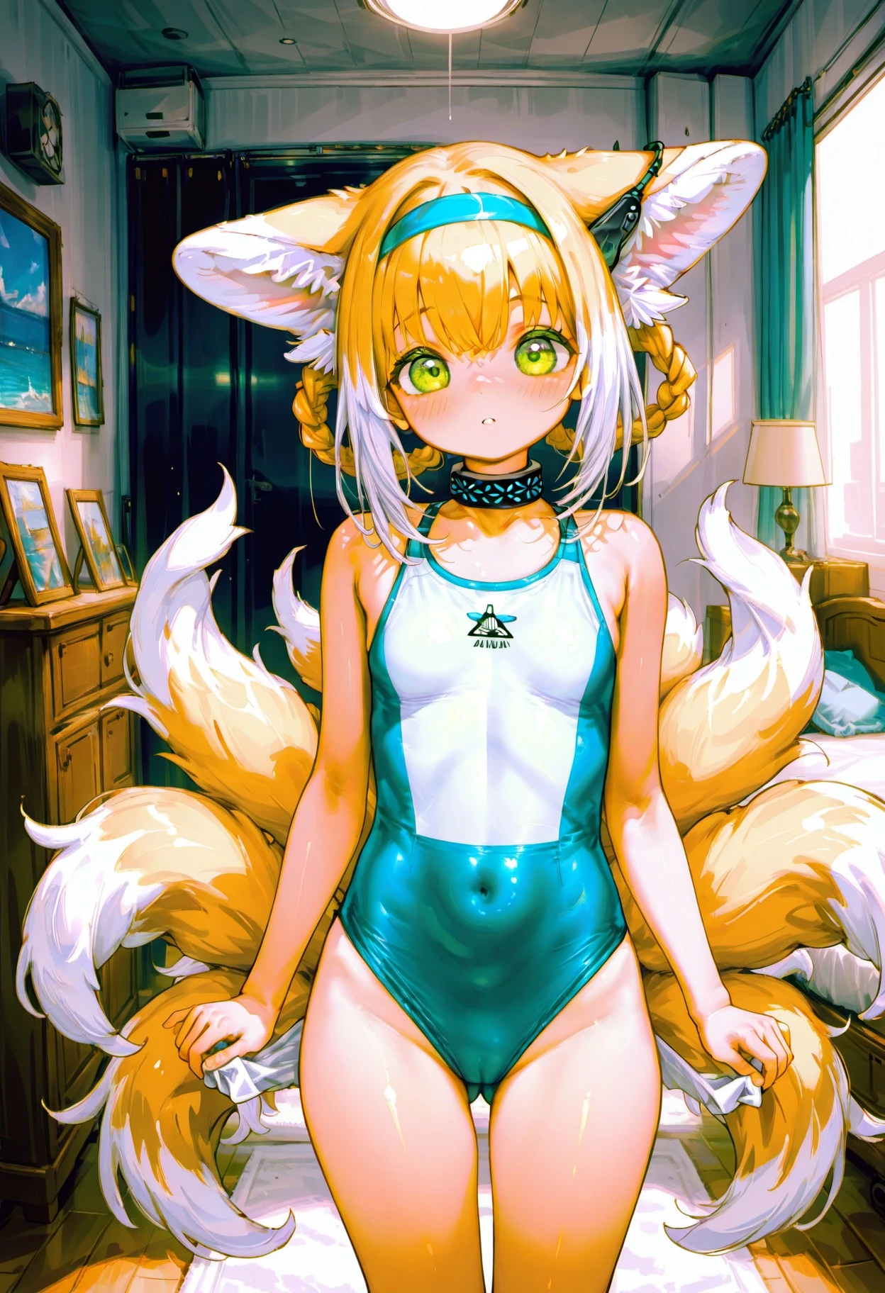 masterpiece, best quality, <lora:VodkaMix_Style_ill_v1:1> vodkamix_style, suzuran \(arknights\), 1girl, solo, standing, looking at viewer, indoors, bedroom