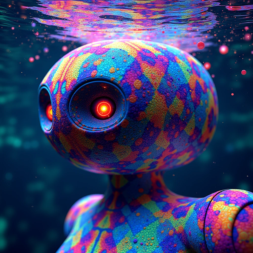wv0tile4, spherical robot swimming underwater, dreamlikem, fractal, wet
