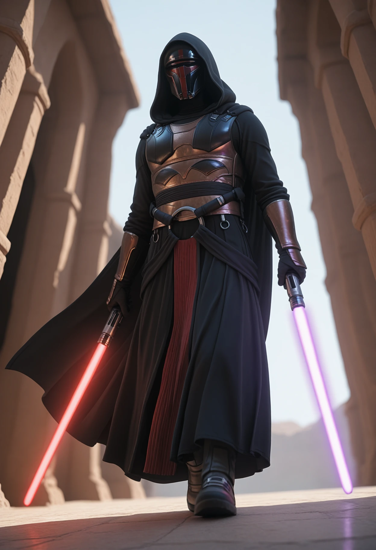 ((masterpiece, best quality, newest, absurdres, highres)),
1boy, solo,
star wars, day, simple background,
walking,
looking at viewer,
portrait, from below, dutch angle, depth of field,
<lora:Dark_RevanArmor_Illust:0.8> d4rkr3v4n4rm0r, black robe, cape, hood up, mandalorian helmet, breastplate, gauntlets, belt, pants, belt boots, holding lightsaber, dual wielding, purple lightsaber, red lightsaber, realistic,