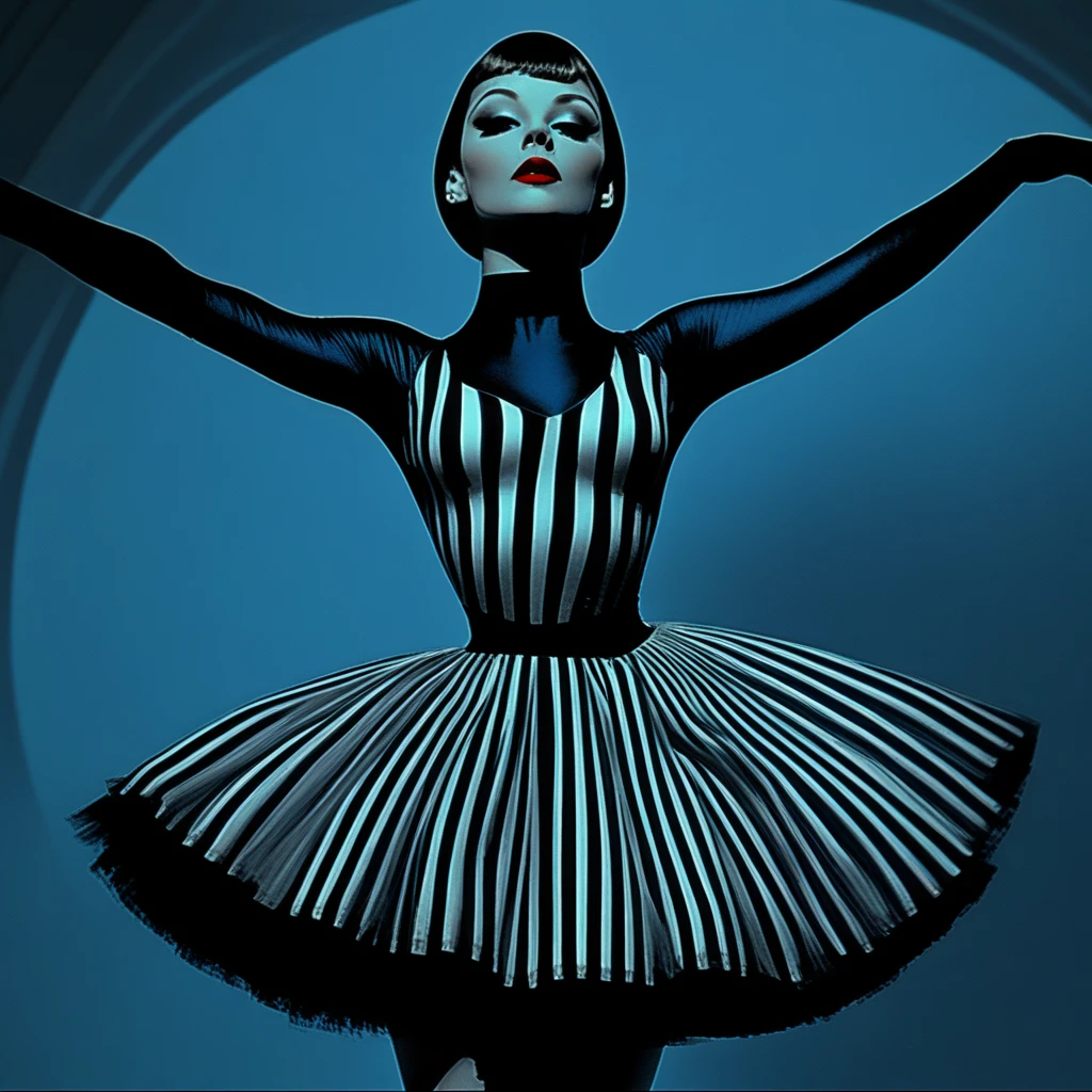 ArsMovieStill, Movie still from an abstract retro future movie, The image is a digital art piece that appears to be a portrait of a ballerina. The woman is standing in a graceful pose with her arms stretched out to the sides and her head tilted upwards. She is wearing a black and white striped bodysuit with a high neckline and long sleeves. Her hair is styled in a short bob with bangs and she is wearing red lipstick. The background is a gradient of blue and black creating a dramatic and dramatic effect. The overall mood of the image is one of elegance and sophistication., 1girl, solo, black hair, breasts, earrings, jewelry, makeup, skirt, cleavage, lipstick