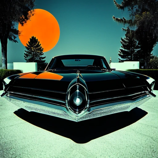 <lora:Abstract_Retro_Future_MovieSD1:1> ArsMovieStill, Movie still from an abstract retro future movie, The image is a digital illustration of a black vintage car parked on a checkered floor. The car is in the center of the image with a large orange circle in the background. The background is a gradient of blue and orange with trees and buildings on either side of the car. The sky is a deep blue and the sun is shining brightly in the top right corner. The overall color scheme is predominantly blue orange and black with some hints of white and gray. The image has a retro and vintage feel to it., car, vehicle focus, motor vehicle, no humans, ground vehicle, sports car, tree, outdoors