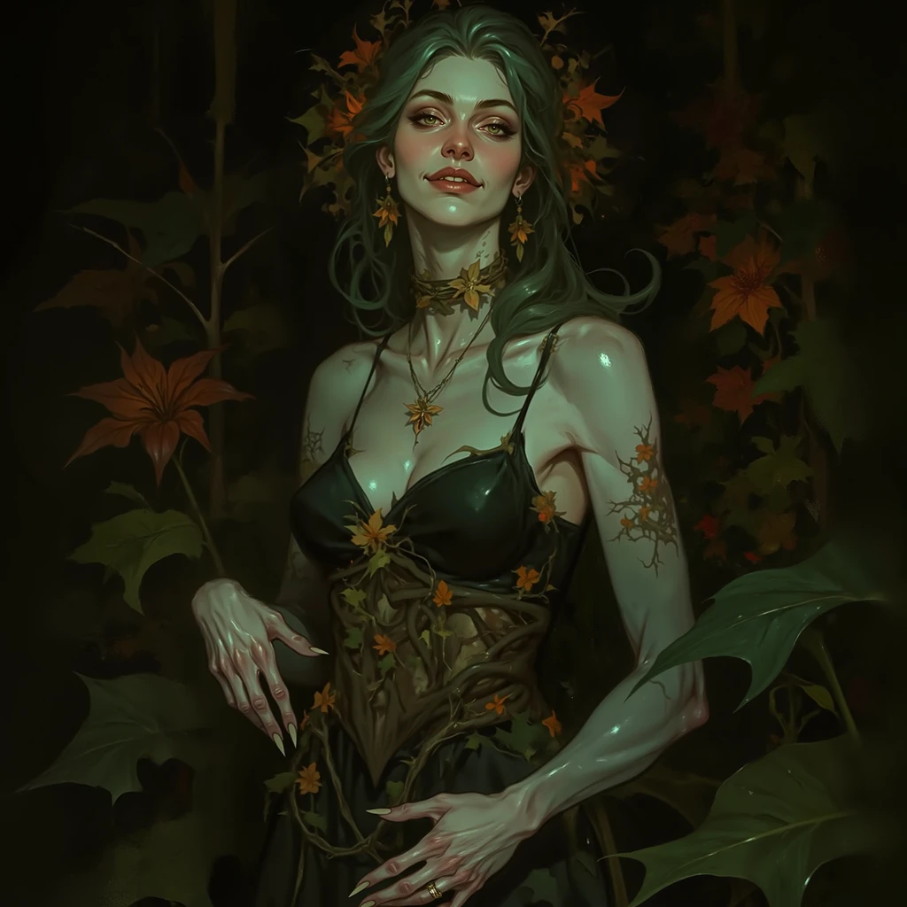 <lora:zimora-style:1>, A gardener of dark gardens, with pale skin and long, green hair adorned with the flowers of poisonous plants. She wears a short dress made of petals, barely covering her breasts, and a belt of twining vines. On her arms are tattoos of intertwined branches, and on her face is a mysterious smile. She stands in a garden of dark flowers and thorny plants, z1mora