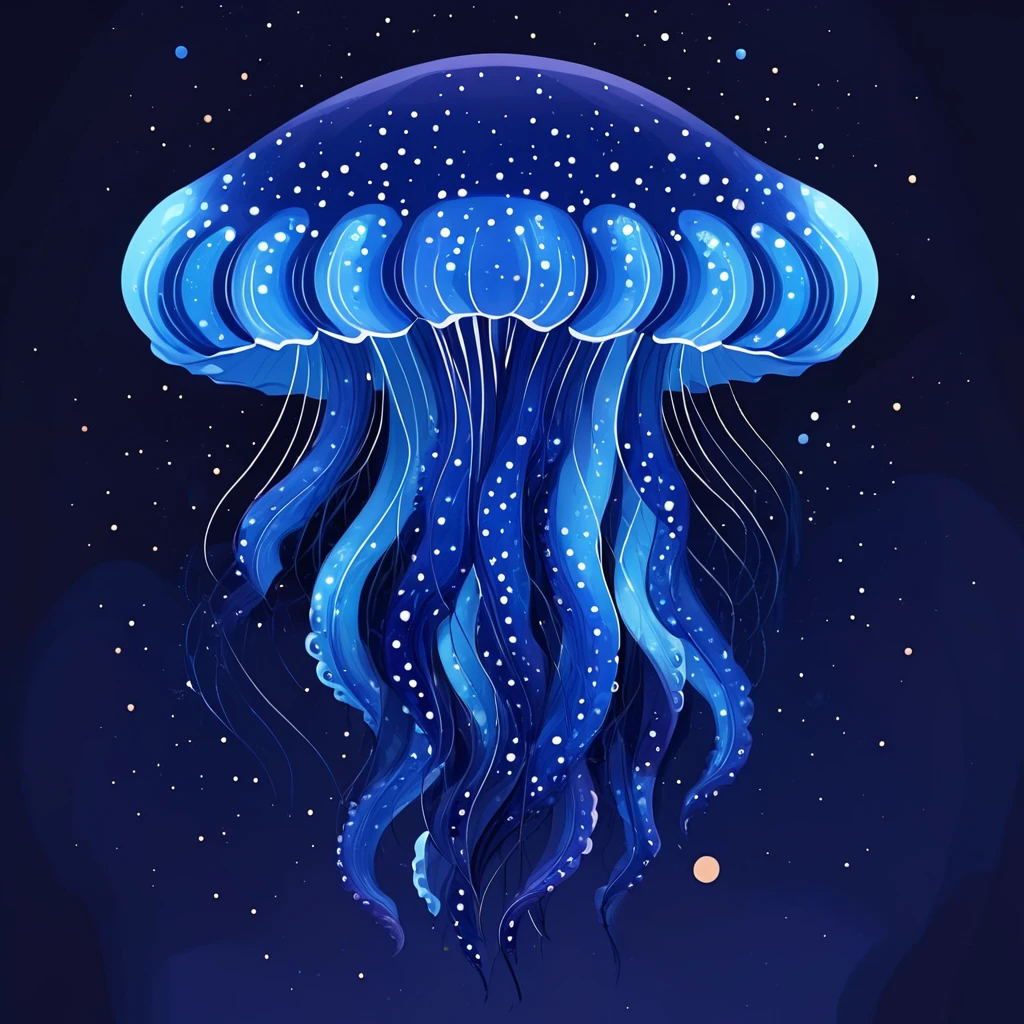 <lora:Flat_Cartoon_IllustrationSDXL:1> ArsMJStyle, Flat Cartoon Illustration, The image shows a blue jellyfish floating in the ocean with stars in the background creating a beautiful and serene atmosphere., no humans, blue background, tentacles, jellyfish, simple background, black background, artist name, full body