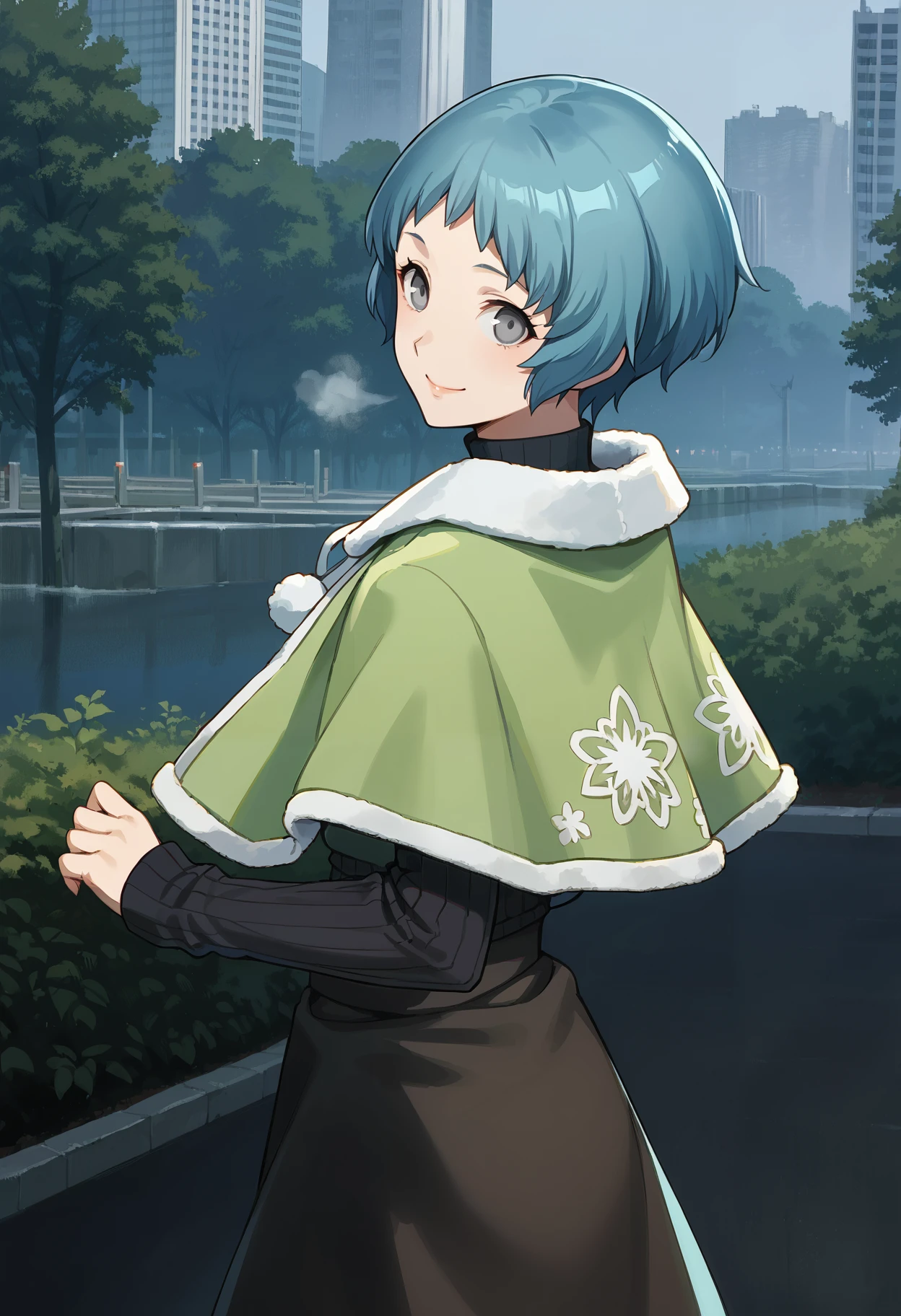 score_9, score_8_up, source_anime
(masterwork, masterpiece, best quality, hyper-detailed :1.2),
1 girl, solo, cute face,
p3fuuka, yamagishi fuuka, short hair, aqua hair, gray eyes,
p3fuuka-wincas, capelet, green capelet, sweater, turtleneck, long sleeves pantyhose, black pantyhose, skirt, long skirt, 
outdoors, cityscape, trees, cold, winter, foggy breath, looking at viewer, smile, from behind, looking back, from side,
