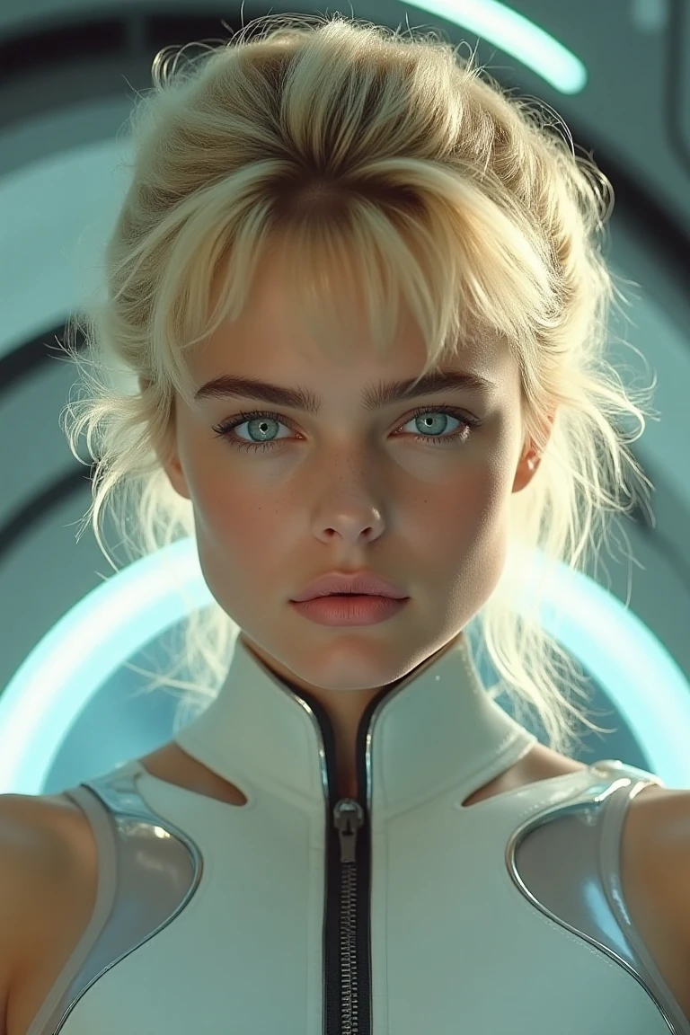 A blonde cyborg woman, in the center of a futuristic background, bathed in soft, even light. Her proportional and detailed face, with piercing eyes, gazes directly at the viewer, exuding an air of mastery. the day time lighting accentuates her striking features. The overall effect is a true masterpiece, boasting best quality visuals that draw the viewer in.