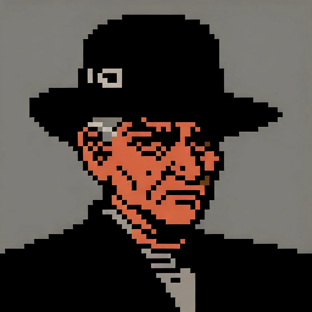 <lora:NES - Dick Tracy Mugshots - 1990 - Epoch 5:0.9> dick_tracy_mugshot, gray_background, pixel_art, low_color, dark skin, dark suit, frown, black feature, African, brown skin, cabbie hat, middle aged, grey shirt, grey hair,, source_cartoon, score_9, score_8_up, score_7_up, score_6_up,