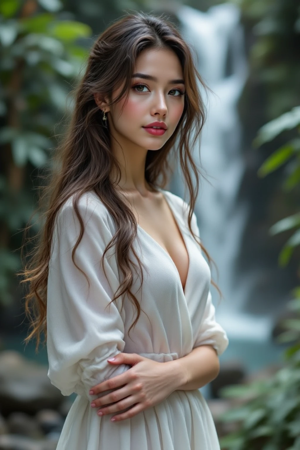 Scene description: In a dense rainforest,a girl stands next to a plunging waterfall,wearing a pure white,light dress that is slightly wet and sticks to her body,outlining her graceful figure. Her long hair is slightly messy due to the wetness,but it adds a wild beauty. Her eyes are clear and bright,and her fingers lightly touch the splashing water droplets,as if she is integrated with nature. The layered sense of water and green plants in the background makes the picture full of vitality.,