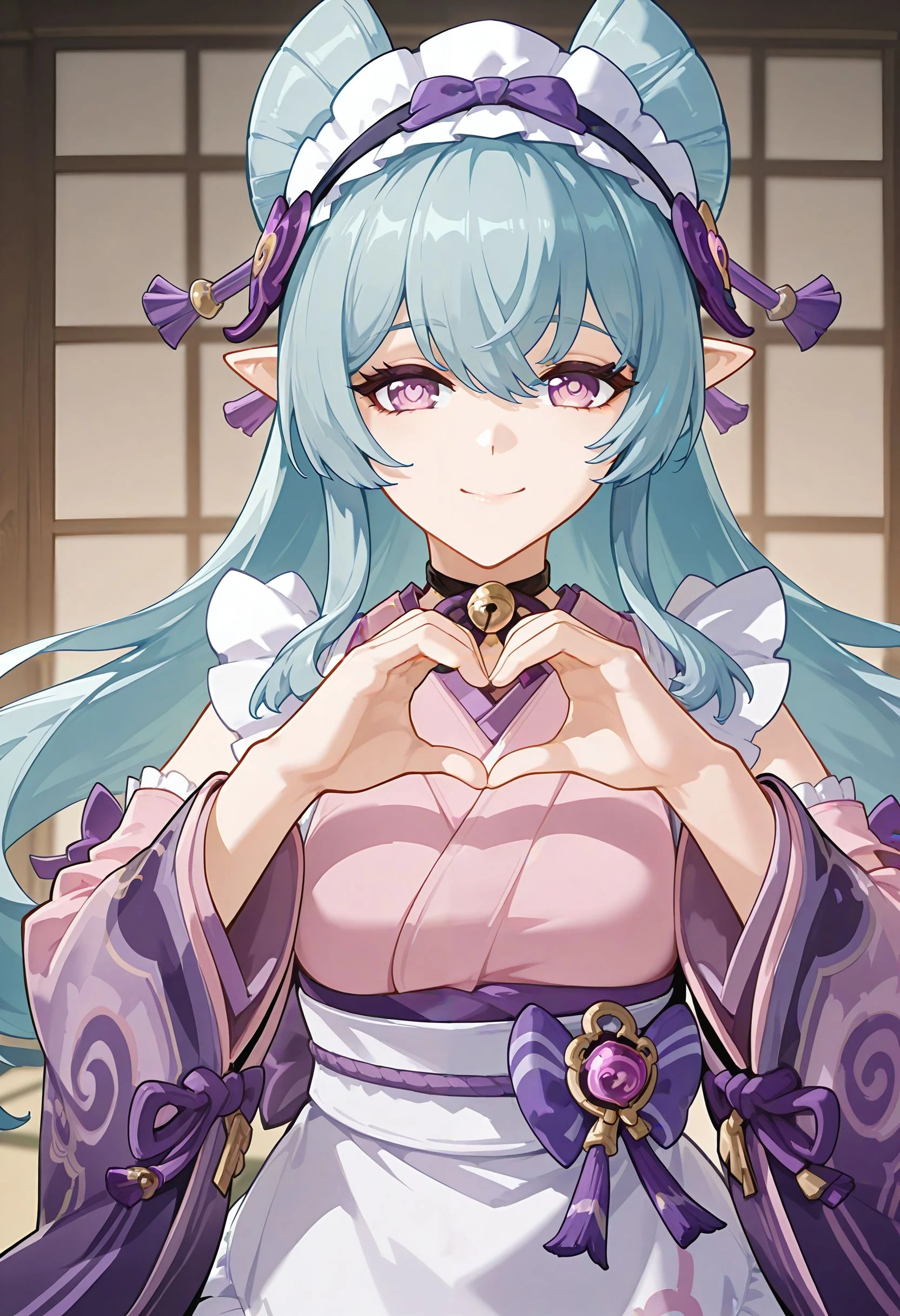 1girl,
genshin impact, gnshnymmzkmzk, bangs, bell, bow, breasts, detached sleeves, eyebrows visible through hair, jingle bell, kimono, long hair, long sleeves, maid headdress, medium breasts, neck bell, pointy ears, purple bow, purple eyes, green hair, sash, wide sleeves, apron, japanese clothes, kimono, sleeves past wrists, wa maid,
heart hands, smile,
<lora:genshin_yumemizuki_mizuki_illustrious:0.8>