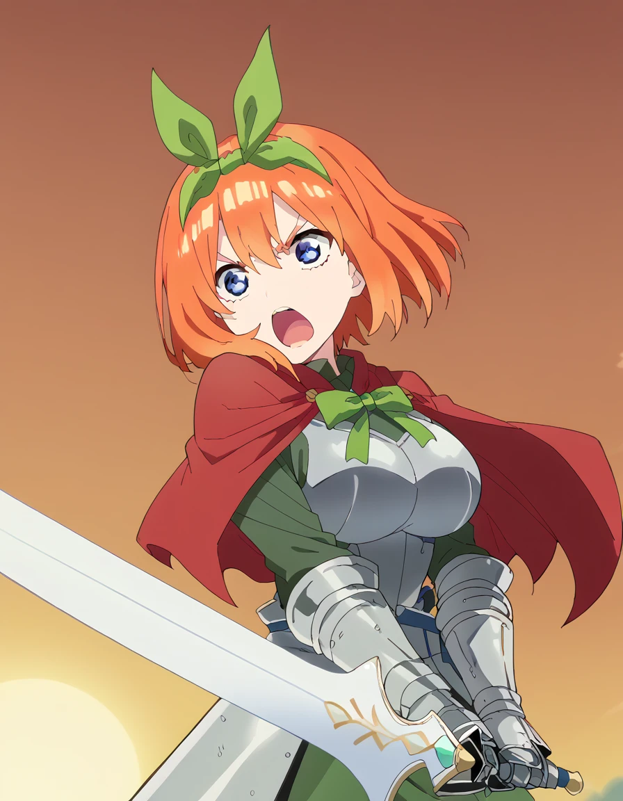 score_9, score_8_up, score_7_up, source_anime, <lora:yotsuba-nakano-s2-ponyxl-lora-nochekaiser:1>, yotsuba nakano, bangs, short hair, blue eyes, hair between eyes, hair ribbon, hairband, orange hair, green ribbon, large breasts, anime screencap, <lora:sunrise-stance-ponyxl-lora-nochekaiser:1>, sunrise stance, weapon, sword, solo, open mouth, holding weapon, holding, holding sword,, <lora:knight-ponyxl-lora-nochekaiser:1>, knight, armor, cape, shoulder armor, gauntlets, helmet, pauldrons, red cape,,