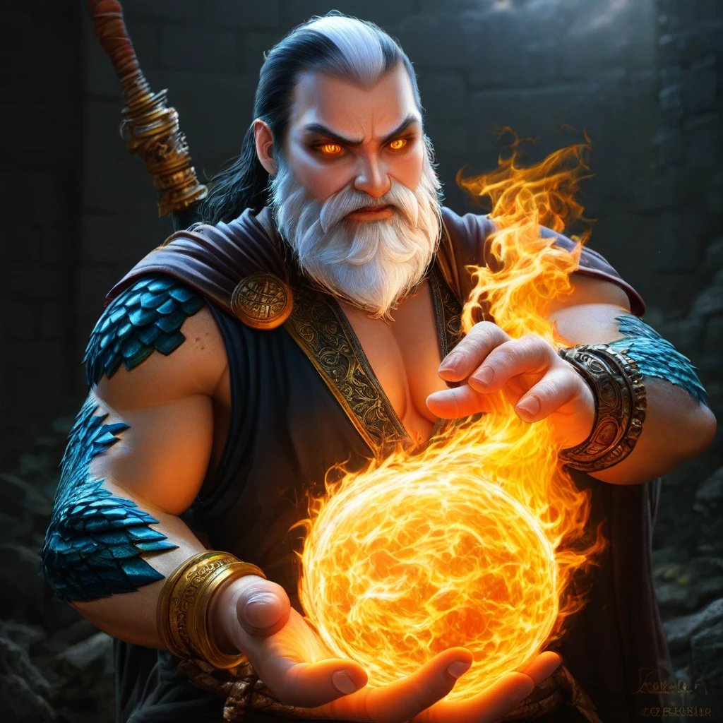 black hair, beard, medium breasts, fingernails, scales, bracelet, weapon, cleavage, glowing, producing a fire ball, male focus, white hair, orange eyes, 1boy