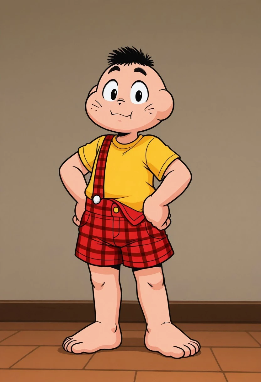 CascaoTDM, 1boy, yellow shirt, plaid red shorts, single suspender, black bushy hair, black eyes, cheeks covered in smudge, short, solo, full body, barefoot