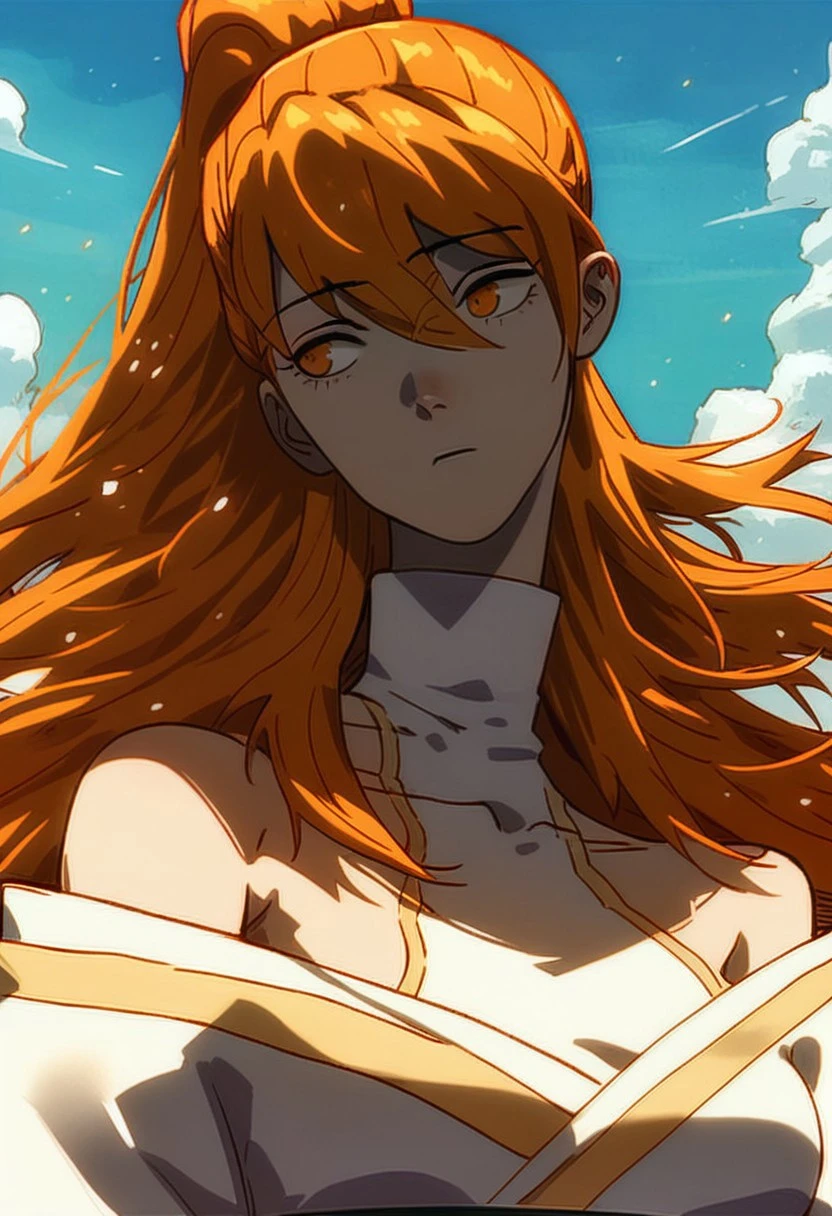 (score_9, score_8_up, score_7_up),
xiaoninger, 1girl, ponytail, long hair, orange hair, bangs, orange eyes, bare shoulder, breasts, collarbone, hair between eyes, white dress, kimono, sash, two tones dress, turtleneck, masterpiece, best quality, outdoors, dynamic pose, dynamic angle,light particles, looking away, beautiful face, mature, side boob, sky, day, upper body, head tilt, centered, half closed eyes, sexy pose