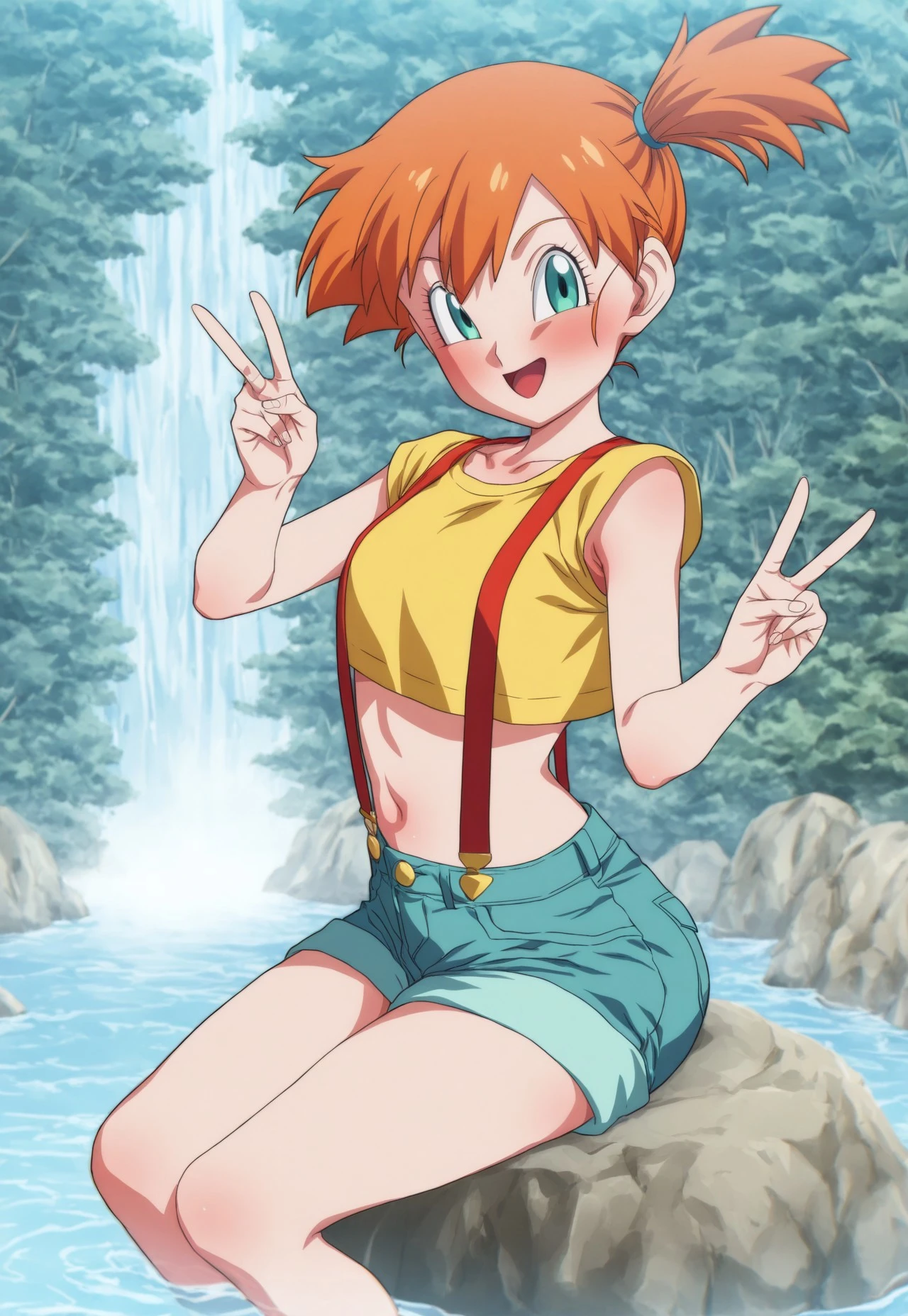 score_9, score_8_up, score_7_up, score_6_up, masterpiece, best quality, vibrant colors, beautiful shading, very aesthetic, absurdres, Rom@_ArtStyle, anime coloring, anime screencap, absurd res, 1girl, misty (pokemon), orange hair, solo, shorts, suspenders, side ponytail, orange hair, midriff, yellow crop top, navel, short hair, denim, denim shorts, v double v, smile, happy, :D, sitting on rock, feet in water, outdoors, waterfall, forest, looking at viewer, side view, <lora:Rom_Art_Style_for_Illustrious_v4.0:1>, masterpiece, best quality, vibrant colors, beautiful shading, amazing quality, very aesthetic, high resolution, ultra-detailed, absurdres, newest, volumetric lighting,