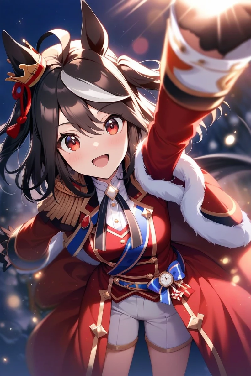masterpiece, best quality,
kitasan black \(umamusume\), 1girl, horse ears, white shorts, looking at viewer, black half gloves, full body, white boots, smile, epaulettes, two side up, long sleeves, outstretched arms, open mouth, standing, white background, mini crown, final bloom, red coat, red belt, blue tasuki, pocket watch, red vest, white shirt, black neck ribbon, fur-trimmed red capelet
light rays,lens flare,light particles,outdoors
<lora:SDXL_kitasan_black_v1.0:0.9>