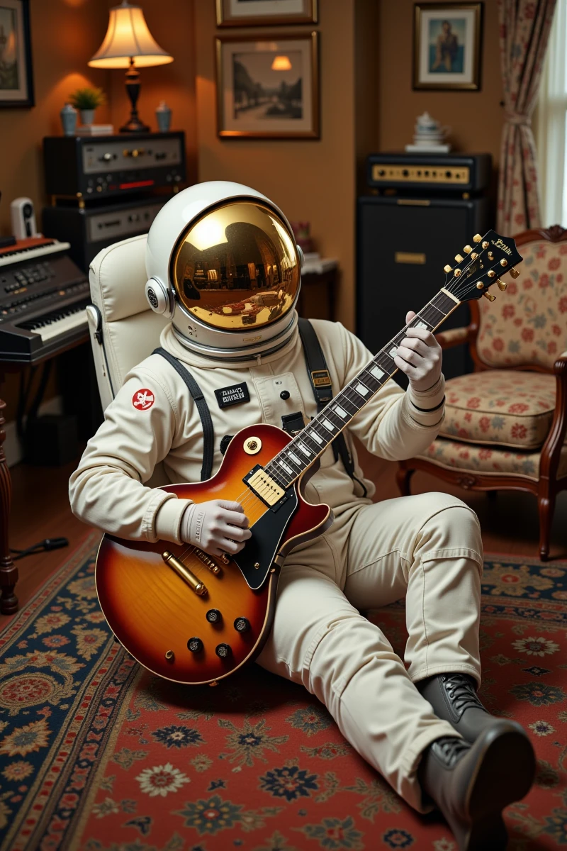 Enhanced_Lighting_and_Textures,The image features an individual dressed in a white astronaut suit with a helmet, seated on a patterned carpet. The astronaut is playing a sunburst electric guitar, suggesting a blend of space exploration and music themes. The suit includes gloves and boots, and the helmet's visor reflects a room interior. Surrounding the astronaut are various musical instruments and equipment, such as a keyboard and an amplifier, indicating a setting dedicated to music. The room has a vintage vibe, with floral-patterned furniture and warm lighting that casts a cozy ambiance. The juxtaposition of the astronaut suit with the musical elements creates a whimsical and surreal atmosphere, as if the astronaut has landed in a musical haven.