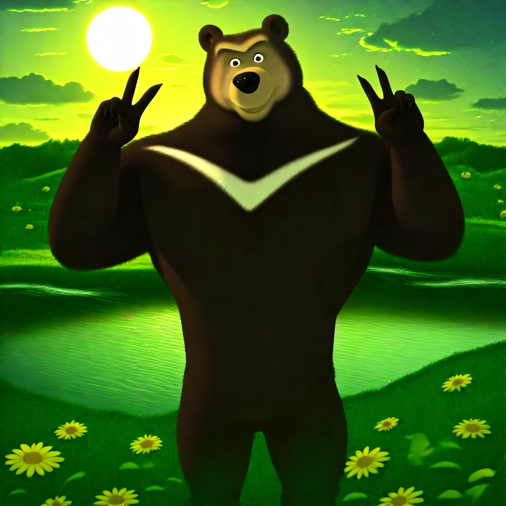 score_9, score_8_up, score_7_up, cartoon_style, ((by BodiPhantom)), 4k, 8k, The best quality, very well drawn, detailed, high quality, detailed, 4k, high resolution, high quality, high resolution, outdoors, furry character, canine, 2d, 2boys, BodiPhantom, Himalayan bear, bear, boy, (sexy), naked, exposed, (dark brown fur and a sickle-shaped white spot characteristic of Himalayan bears (or otherwise in the shape of the letter "V")), clearing, sun, flowers, clouds, river, stream, (particles), posing standing, with his back to the viewer, stands with his back