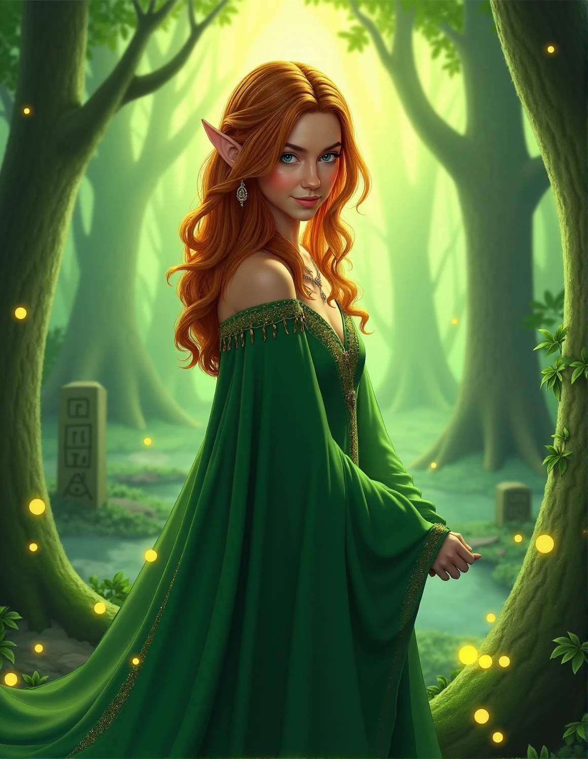 a beautiful detailed digital illustration A radiant elf queen standing gracefully in a mystical forest, her flowing emerald and gold ceremonial robes glimmering in the dappled sunlight piercing the lush canopy above. Her silver hair cascades over her shoulders, and her piercing, otherworldly eyes radiate wisdom and power. She is surrounded by glowing fireflies, ethereal mist, and towering ancient runestones carved with glowing runic patterns. A magical aura suffuses the scene, with intricate details capturing the serenity and timeless beauty of her domain. 8k resolution. She has styled rich auburn red hair with an a wide happy smile with natural makeup <lora:Person_Anasaia-FLUX:1>