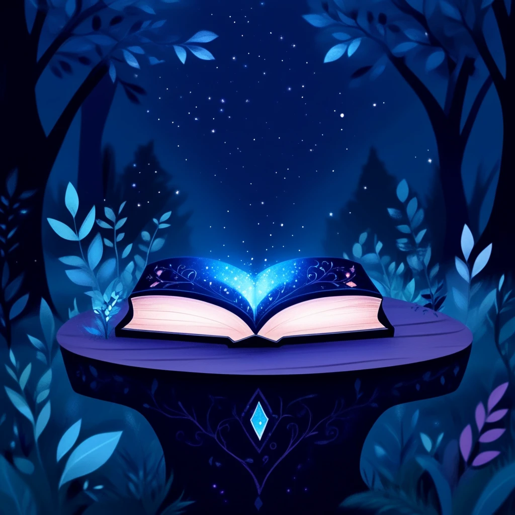 ArsMJStyle, Flat Cartoon Illustration, The image shows an open book sitting on top of a table in the woods surrounded by trees and plants. The book is illuminated by a soft light giving it a magical and ethereal feel., no humans, tree, book, star (sky), sky, night, crystal, outdoors, flower, still life