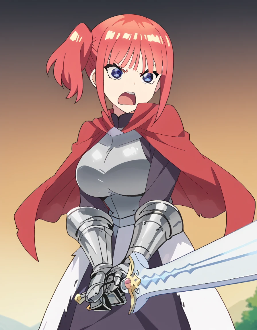 score_9, score_8_up, score_7_up, source_anime, <lora:nino-nakano-honeymoon-ponyxl-lora-nochekaiser:1>, nino nakano, short hair, bangs, blue eyes, large breasts, pink hair, blunt bangs, side ponytail, one side up, anime screencap, <lora:sunrise-stance-ponyxl-lora-nochekaiser:1>, sunrise stance, weapon, sword, solo, open mouth, holding weapon, holding, holding sword,, <lora:knight-ponyxl-lora-nochekaiser:1>, knight, armor, cape, shoulder armor, gauntlets, helmet, pauldrons, red cape,,
