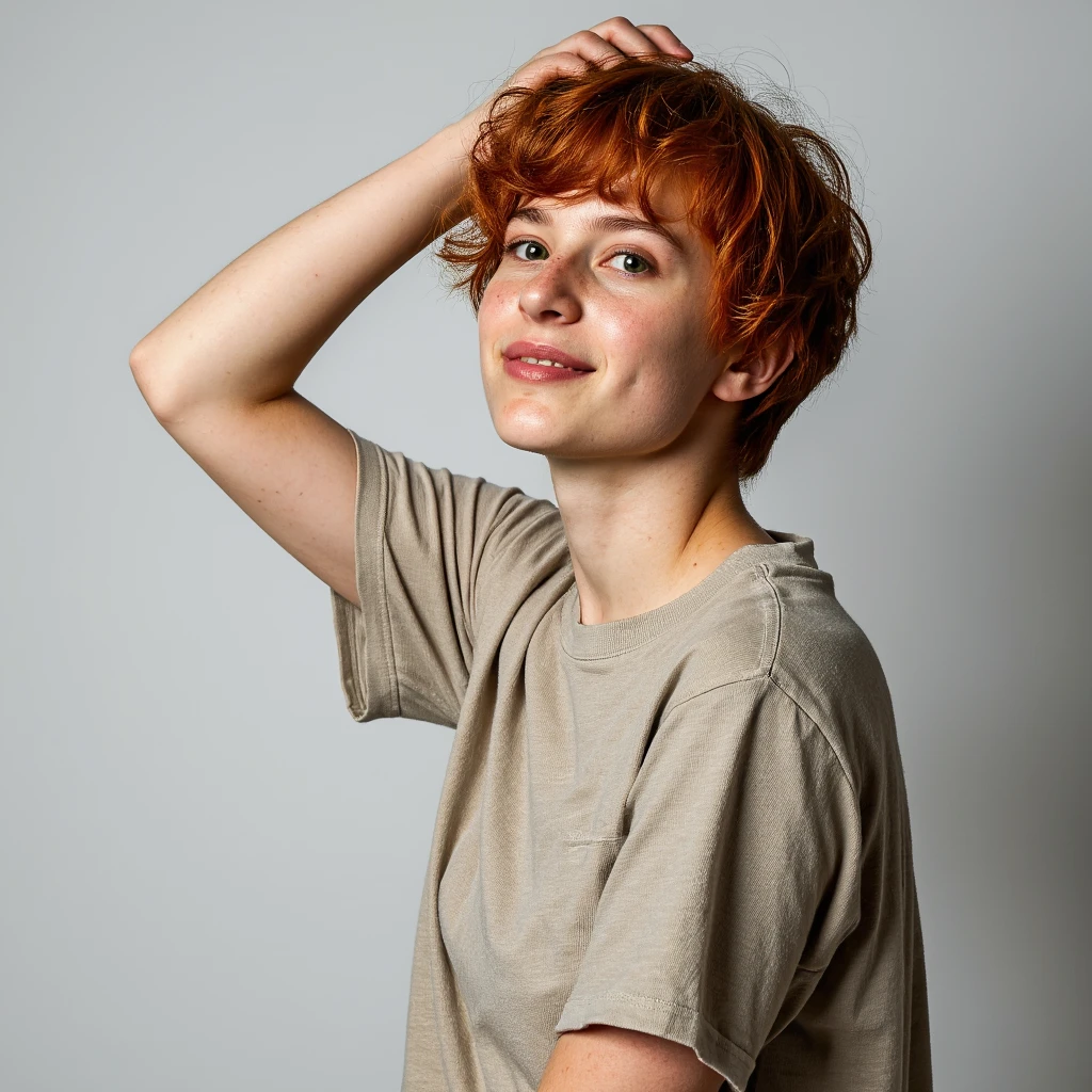early 2010s snapshot photo captured with a phone and uploaded to facebook, studio portrait with an empty white blank studio background and studio lighting of a young woman with short curly red hair and green eyes and freckles dressed in a casual oversized tshirt. smiling, looking up and away from the viewer. adjusting her hair.